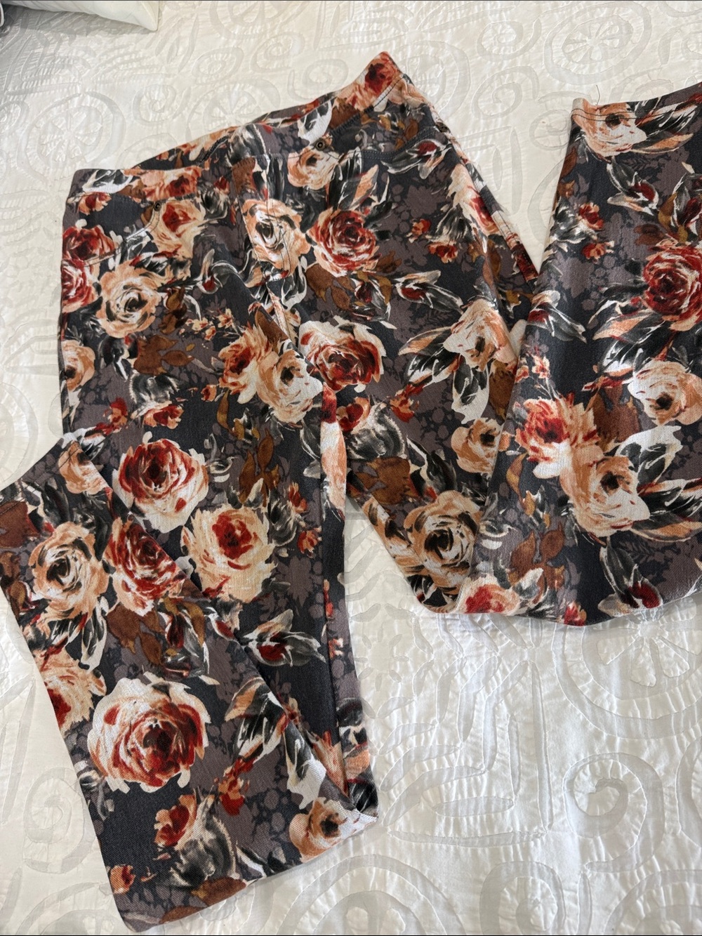Floral Wide-Leg Pants in Black and Rust leggings, stretchy jeggings